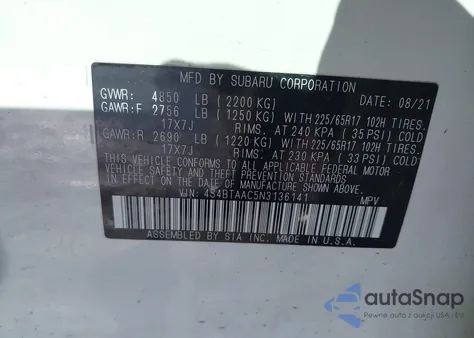 2022 Subaru Outback z USA, uszkodzony, nr VIN 4S4BTAAC5N3136141